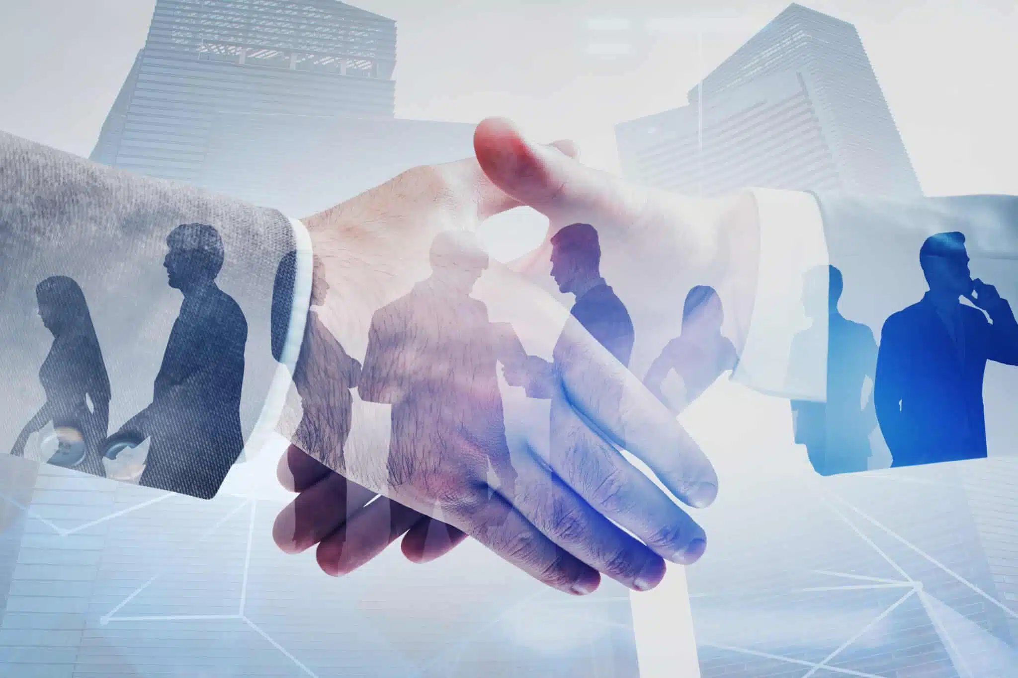 近く、上、2つ、ビジネスマン、震え、手、現代、都市